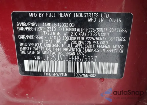 2015 Subaru Forester 2.5I Premium from USA, damaged, VIN JF2SJADC9FH575337